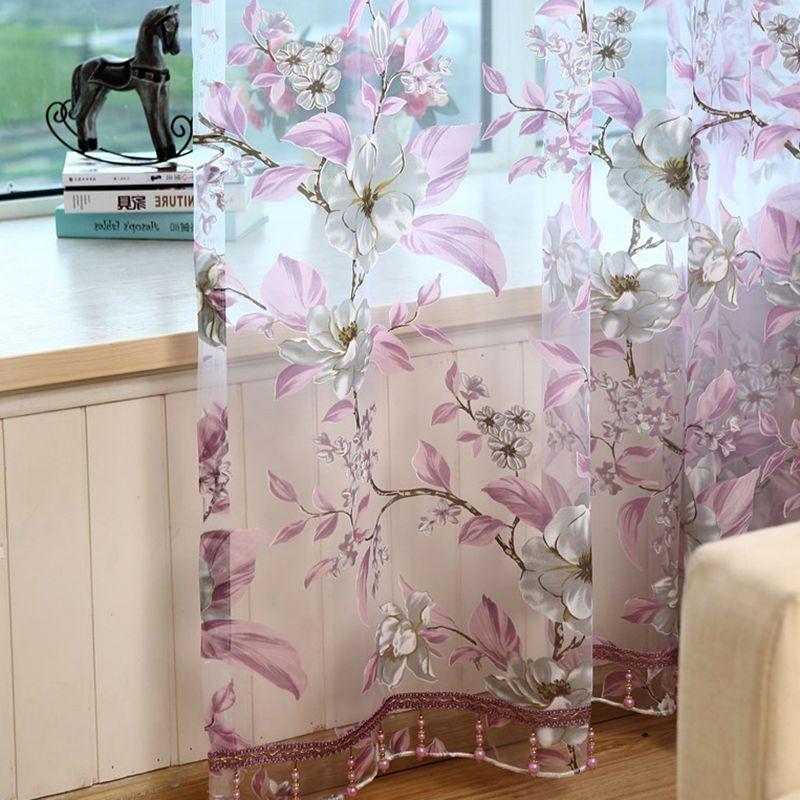 Purple Floral 1pc Sheer Curtain Panel - Light-Filtering, UV Protective Polyester with Rod Pocket Design for Living Room & Bedroom Privacy