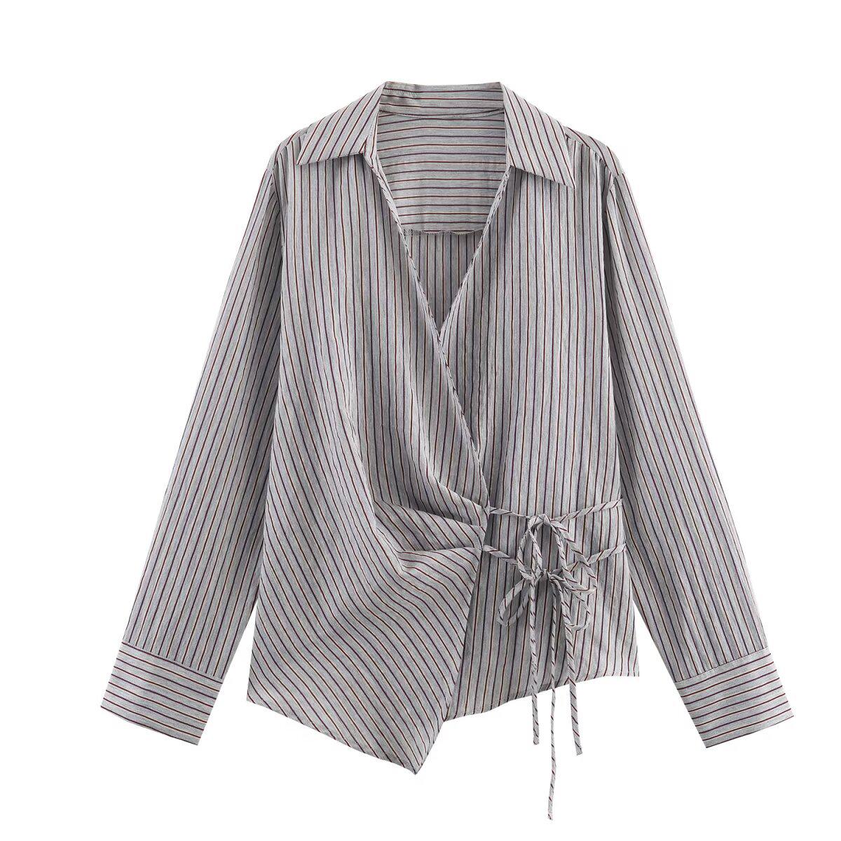 2025 Autumn Women s Slimming Double-breasted Striped Bow Shirt Small