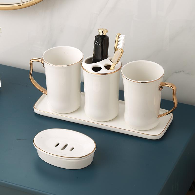 Ceramic Bathroom Set White Tooth Brushing Cup Draining Soap Box Household Shampoo Bottle Washing Six-piece Bathroom Accessories