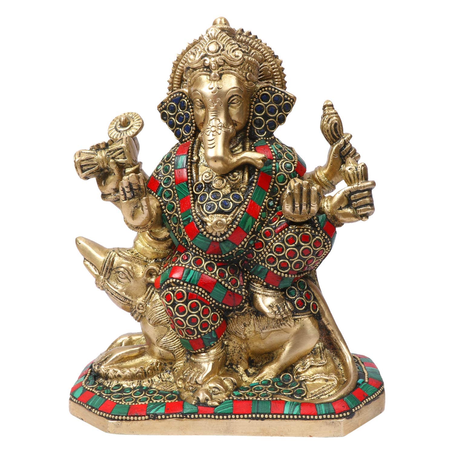 Идол Ганеши из чистой латуни на крысе, разноцветный инкрустированный дизайн, многоцветный - 8 дюймов