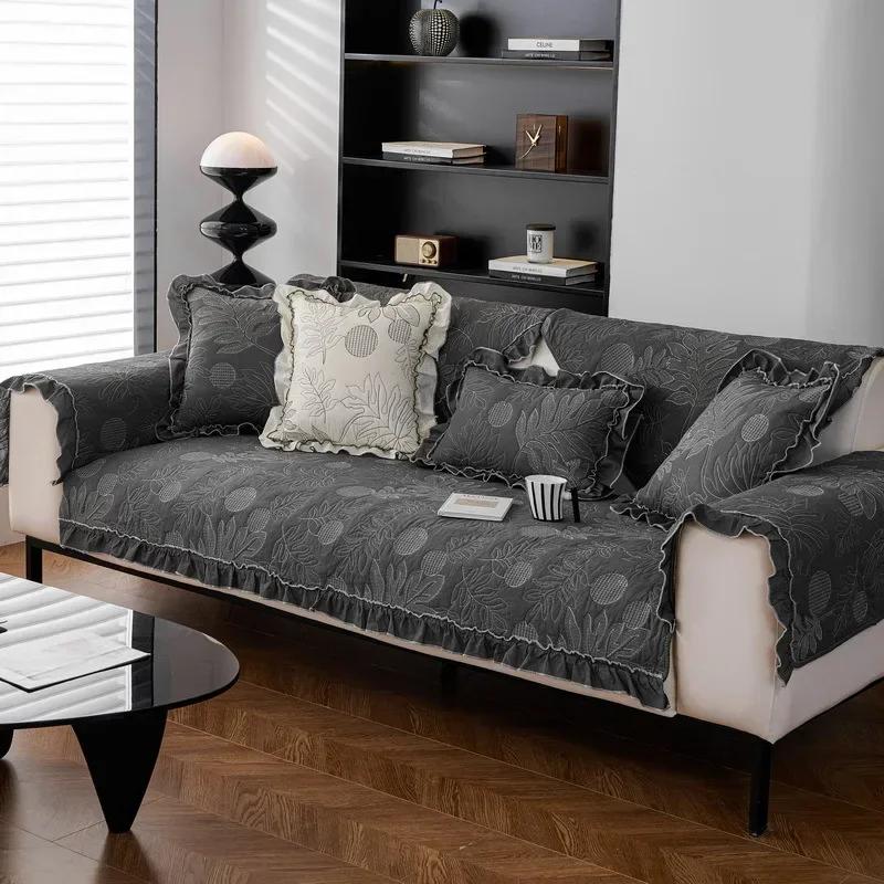 Cotton Sofa Cover with Ruffled Edges Floral Fresh Style Non-slip Sofa Cushion Four Season Universal Couch Protector Sofa Towel