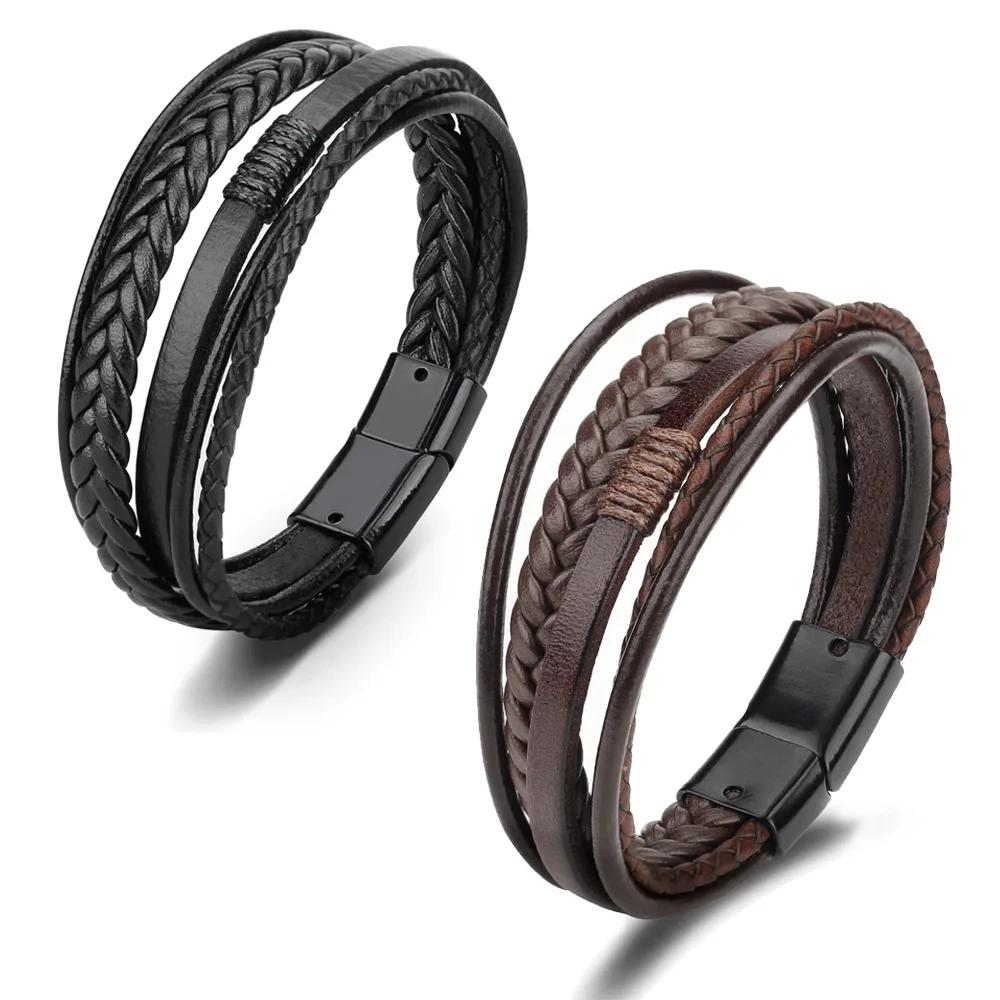 Charmsmic New Mens Magnetic Leather Bracelets Handmade Braided Multilayer Cord Ethnic Jewelry Accessories Male Armband Gifts