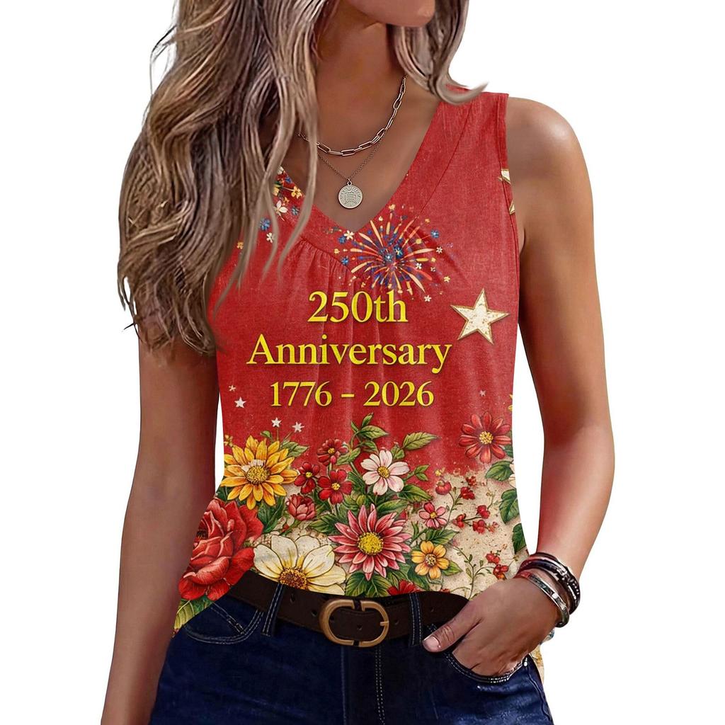 Women’s Sleeveless V Neck Tank Top with 250th Anniversary 1776 2026 and Floral Print Casual Summer Blouse Shirt