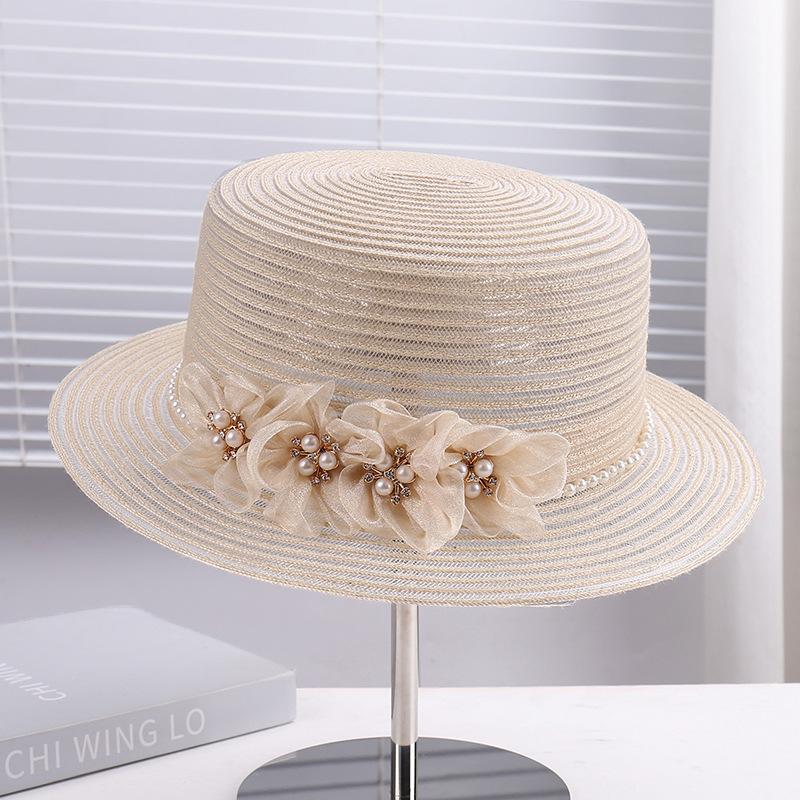 2026 New Fashion Mesh Veil Straw Hat with Pearl & Flower, Elegant Versatile Sun Cap for Women, Outdoor Travel Walk Street Snap