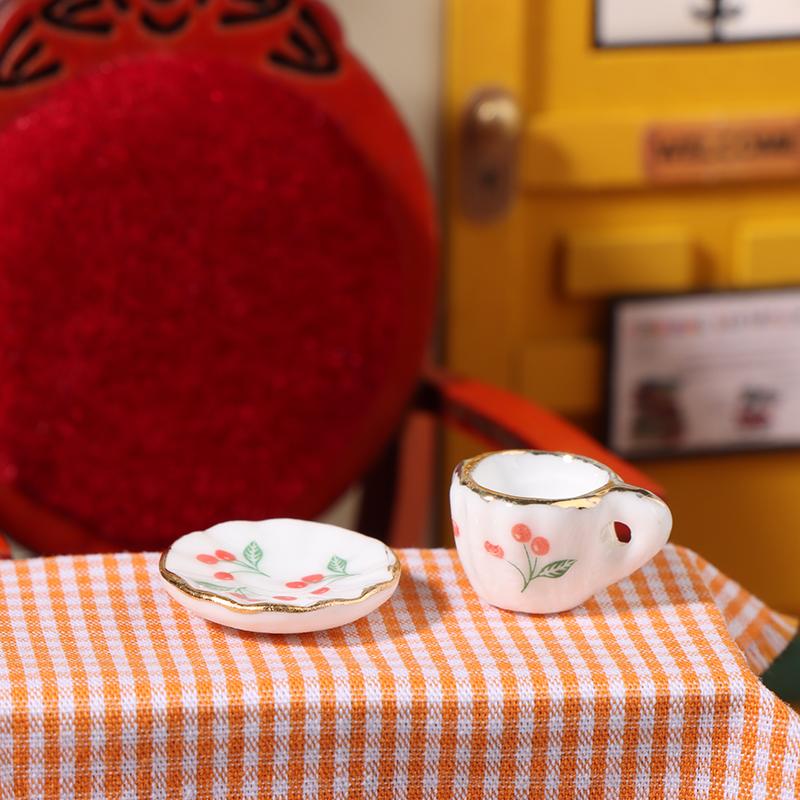 1Set/2Pcs 1:12 Dollhouse Miniature Cherry Ceramic Cup Saucer Kitchen Tableware Model Decor Toy Doll House Accessories