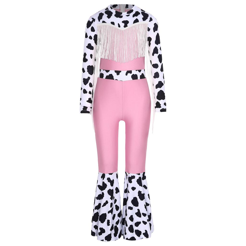 Kids Western Cowboy Costume Long Sleeve High Waist Bodysuit Fringe Cow Print Flared Jumpsuit Halloween Outfit