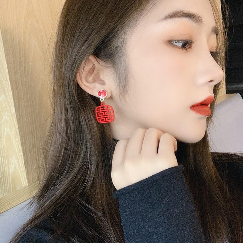 925 Silver Needle Happy Earrings Women's New Year Red Earrings Retro Autumn and Winter Personality Temperament Versatile Earrings