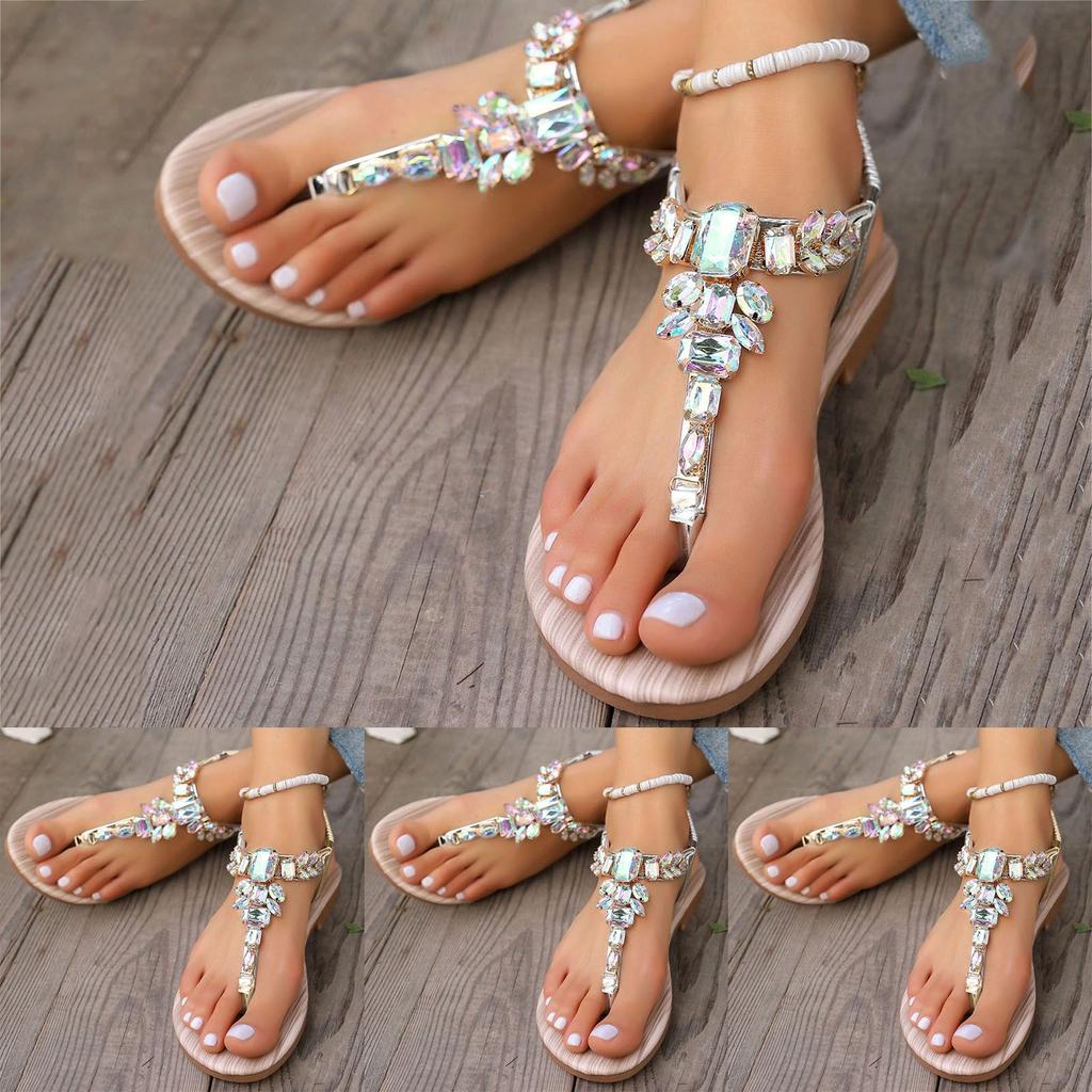 Women's Thin Soled Rhinestone Sandals Fashionable Casual Slip On Toe On Outdoor Beach Holiday Bohemian Style New Design Shoes