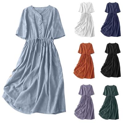 Women's Summer Forest Retro Literary Cotton And Linen Solid Color Dress