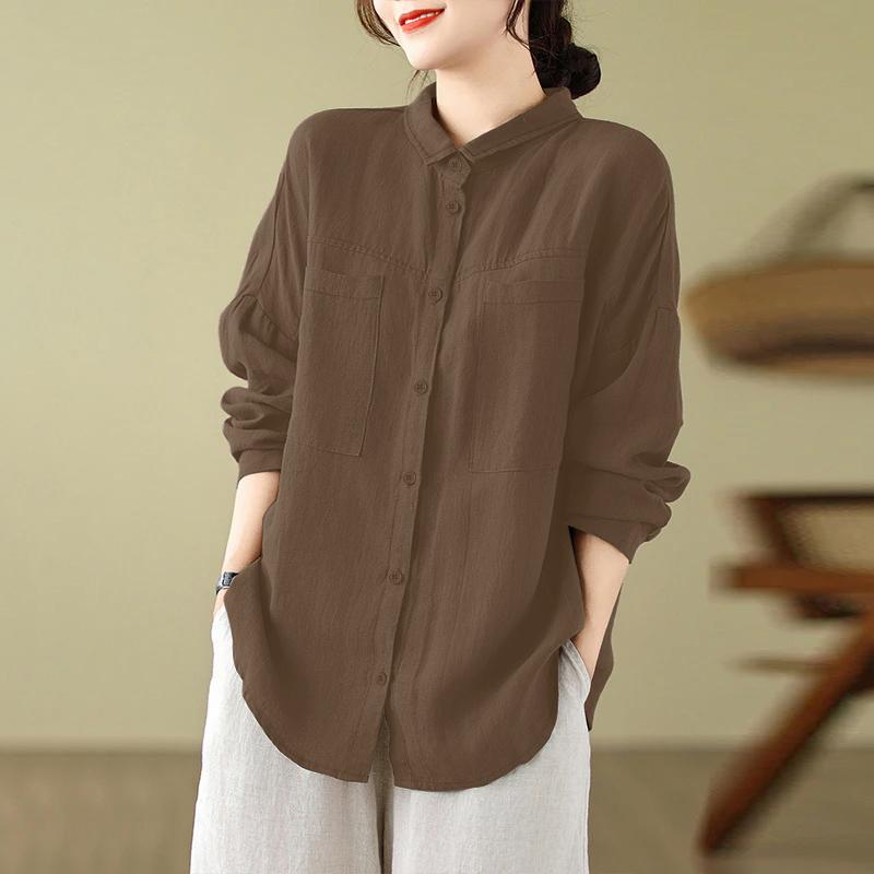 

ZANZEA Женская повседневная хлопковая блузка с отложным воротником и длинными рукавами S коричневый