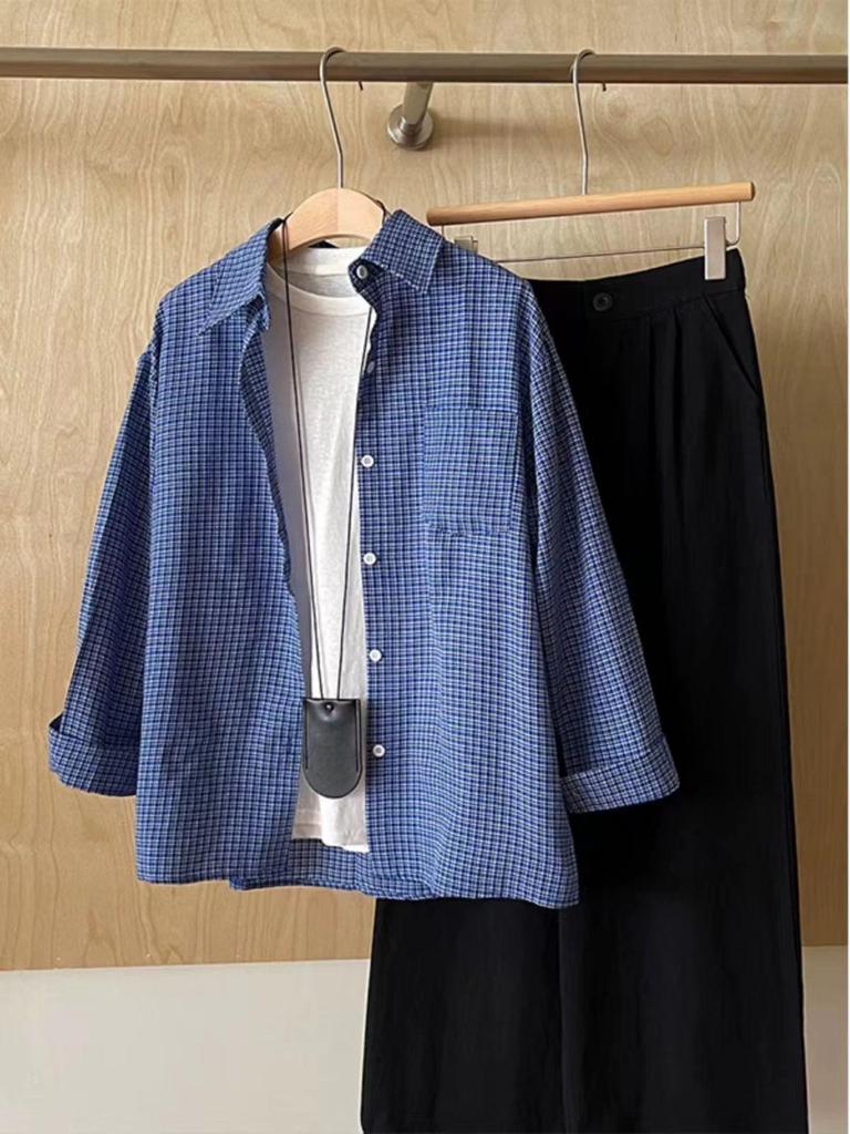 Miu Style Women's Blue Plaid Shirt Jacket - Loose College Layering for Early Autumn