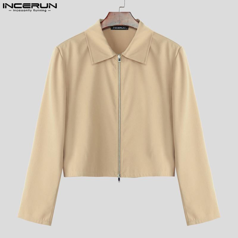INCERUN Men Lapel Long Sleeve Stitching Zipper Up Cropped Jackets Short Coats
