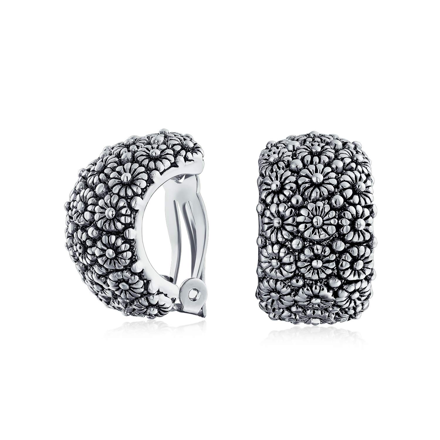 

Fashion Carved Sunflower Flower Wide Half Hoop Clip Earrings Ear Oxidized Sliver Tone Plated Women s Non-pierced