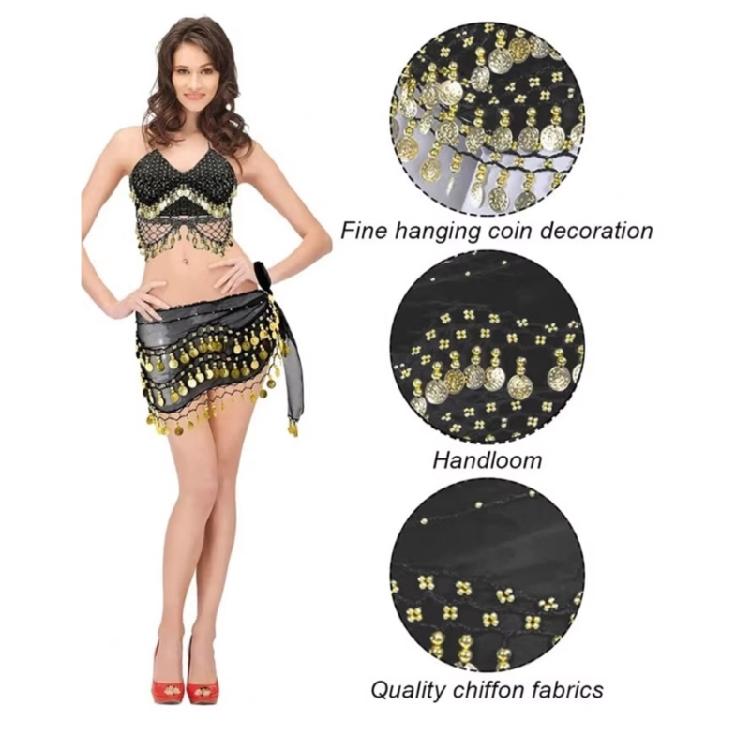 Danse du Ventre Danse Orientale Ensemble Foulard de Hanche Scintillant et Haut Lehenga Sans Manches Manchettes