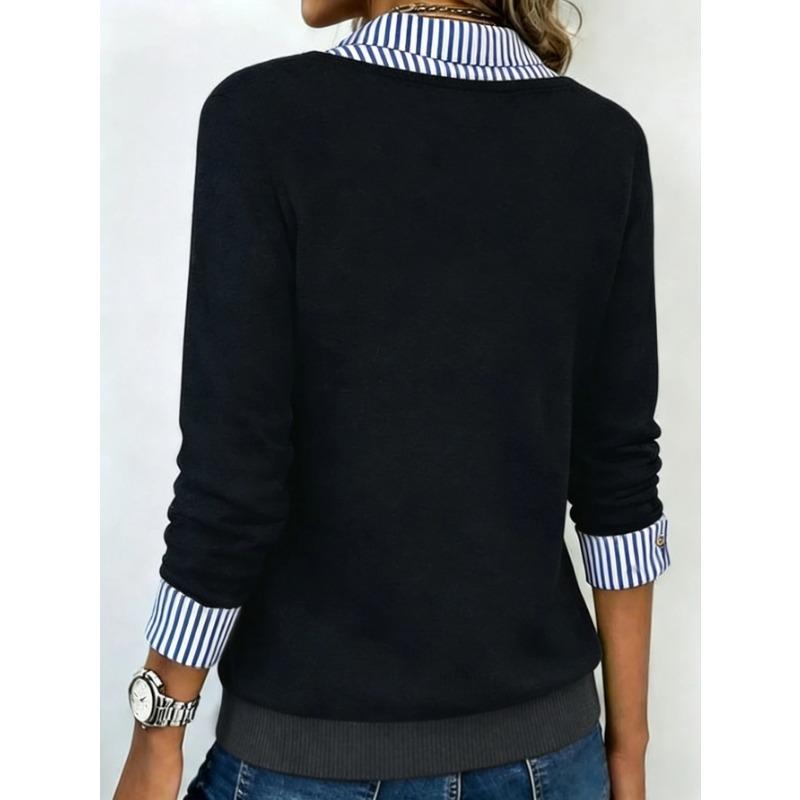 Damen S Langarm V-Ausschnitt Gestreiftes Patchwork T-Shirt Stricktop Freizeitkleidung