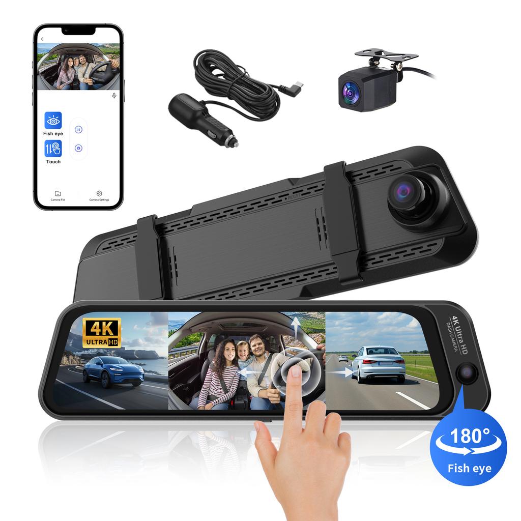 4K 10-Inch Streaming Media Dash Cam, 3 Lenses, WiFi, Night Vision, 170° Fisheye, Rearview Mirror