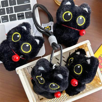 Gato Preto Fofo com Sino Squeak Pelúcia Boneca Chaveiro Pingente Cordão Brinquedo de Pelúcia Pingente de Mochila Ornamento de Bolsa Acessório de Casal Presente para Criança