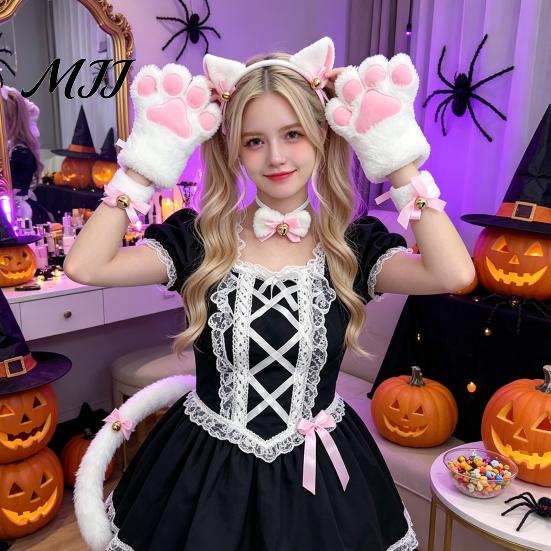 Měkké plyšové kočičí uši 7 ks Cosplay kostýmová sada, Čelenka s ušima, Rukavice s tlapkami, Límec s mašlí, Čelenka s rolničkou, Náramek na zápěstí, Ocas, Halloweenská párty Koťátko Doplňky