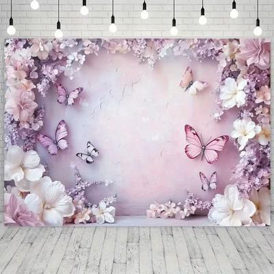 Boho Rosa Blumiges Schmetterlings-Wandteppich Blume Wandbehang Kulisse für Ästhetische Raumdekoration, Brautparty und Party
