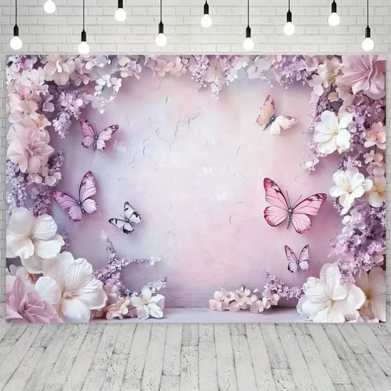 

Boho Pink Floral Butterfly Tapestry Flower Wall Hanging Backdrop for Aesthetic Room Decor, Bridal Shower and Party 47.2x31.5inch/120*80cm