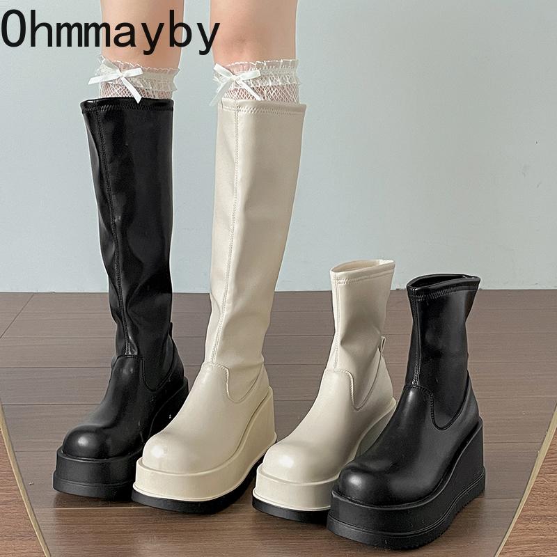 Winter Platform Wedges Heel Women Knee High Boots Fashion Back Zippers Shoes Cosy Soft Leather Long Booties