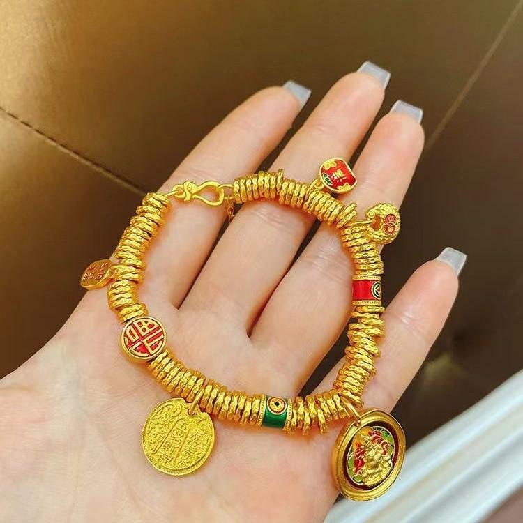 Ancient Sand Gold Enamel Yellow God Of Wealth, Entangled Bracelet, Five-Way God Of Wealth Small Fat Blessing National Style