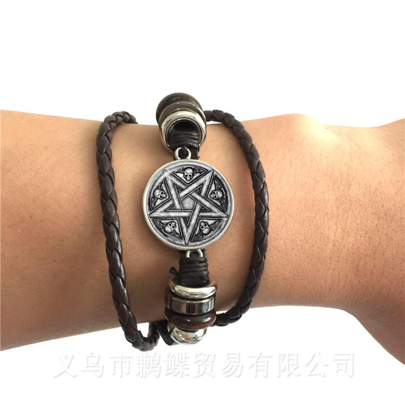 Bracciale Pentagramma di Baphomet Satanico Bangle in Pelle Nera/Marrone Gotico Satanismo Male Occulto Pentacolo Gioiello Amuleto Pagano Regalo
