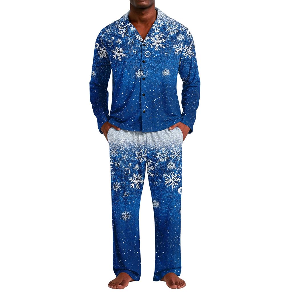 Kerstpyjamaset voor heren met knopenhemd en rechte broek, Casual print nachtkleding tweestukken outfit, Feestelijke loungewear voor de feestdagen