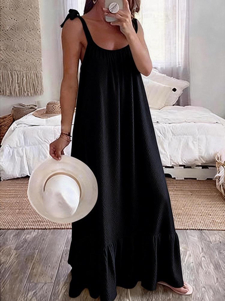 New women's clothing, casual suspender U-neck regular pleated multi-color women's dress long dress
