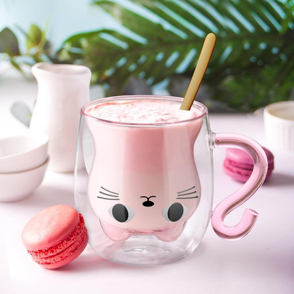 ecooe Double Wall Glass Cute 280ml Condensation Free Cat Double Wall Glass Cup Birthday Gift for Women Borosilicate Heat Resistant Glass Cup Stylish