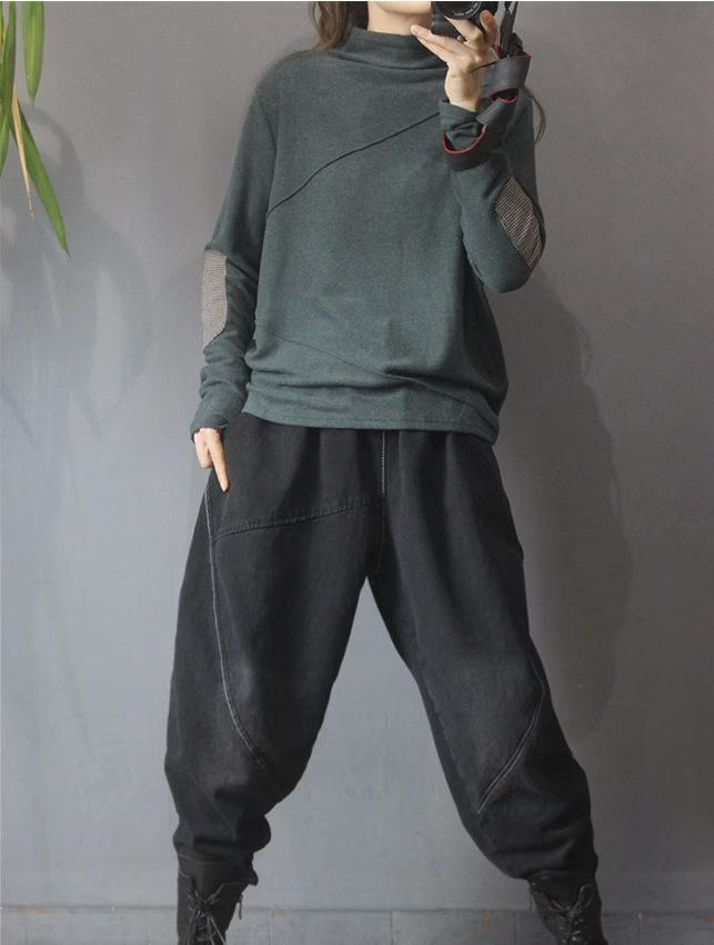 Women's Ethnic Patchwork Thermal Fleece Pullover - Mock Neck, Autumn/Winter, Loose Fit