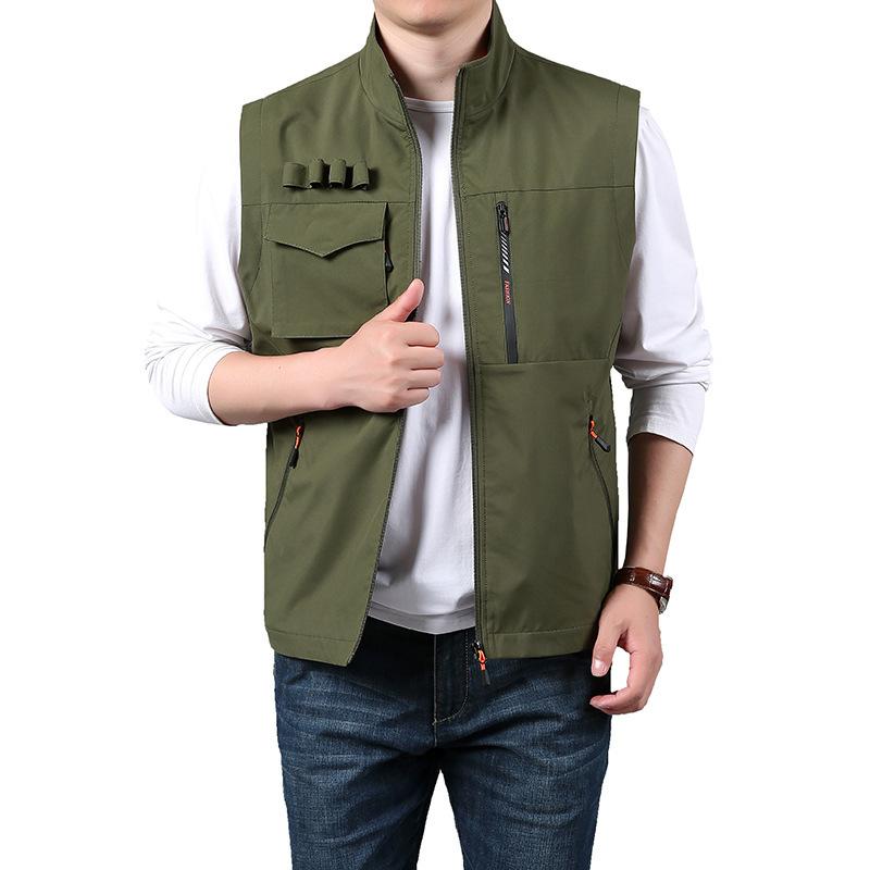 Fire sesonger Middelaldrende og eldre menns vest Tynn pappa Ermeløs ståkrage Flerlommers hurtigtørkende vest Stor størrelse vest