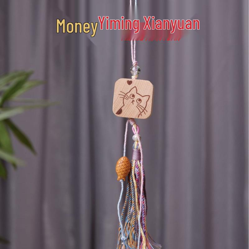 Golden Wood Carved Bow Knot Kitten Cushion Pendant - Blood Cypress Joy Plate Bag Phone Charm