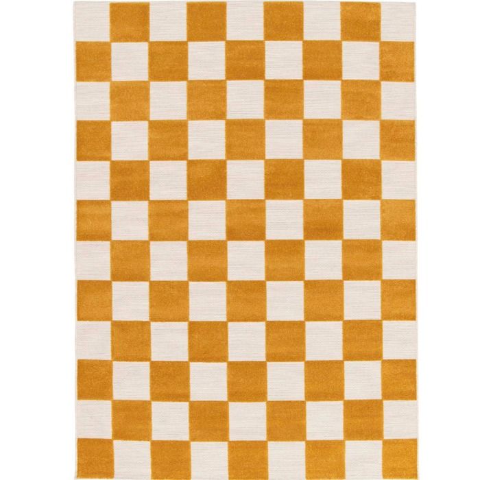 Moderní reliéfní šachovnicový koberec do obývacího pokoje, barva ecru žlutá, 160x230