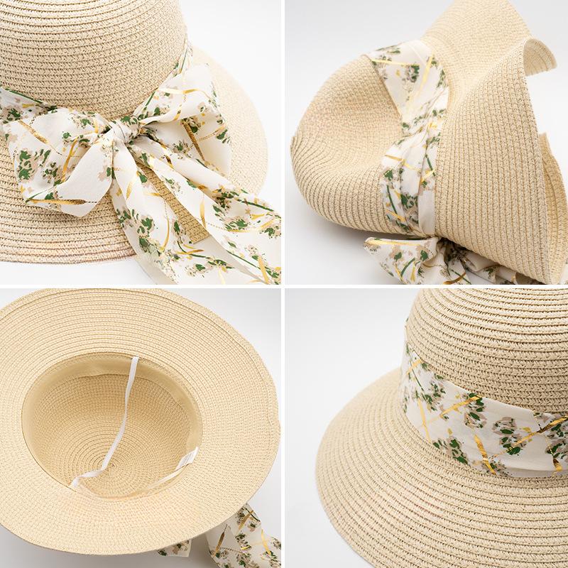 Pălărie de soare pliabilă cu bor larg pentru femei - Decor elegant cu panglică și fundă, pălărie de plajă din paie în stil francez
