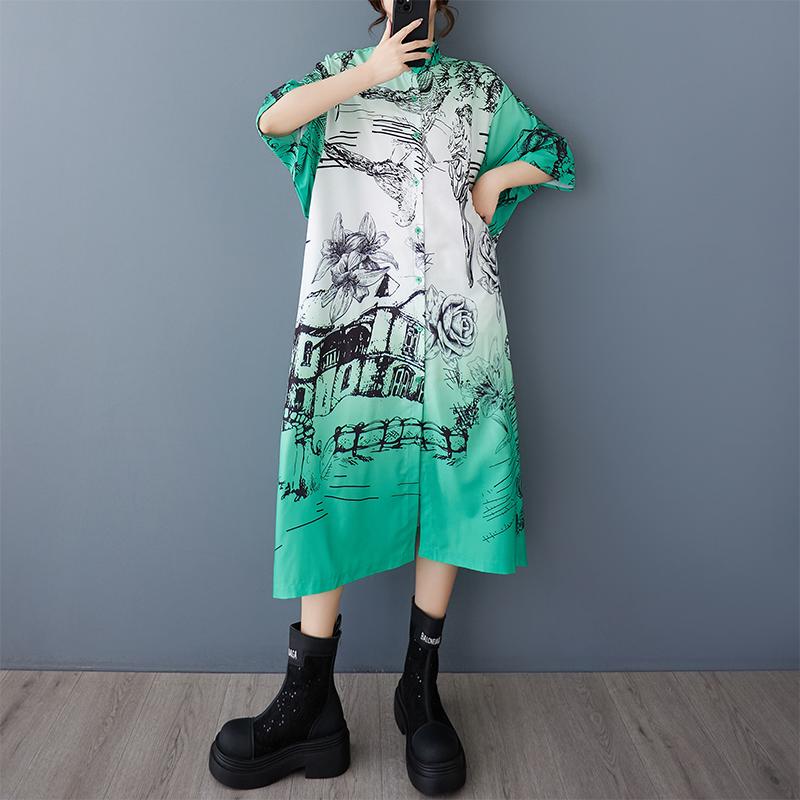 

Короткий рукав Большие размеры винтажные ЦВЕТОЧНЫЕ новые платья для женщин повседневные свободные длинные летние платья-рубашки зелёный