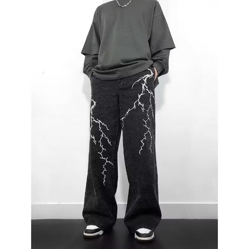 JYL Men's Wide-Leg Jeans Niche Lightning Embroidered Spring American Street Denim