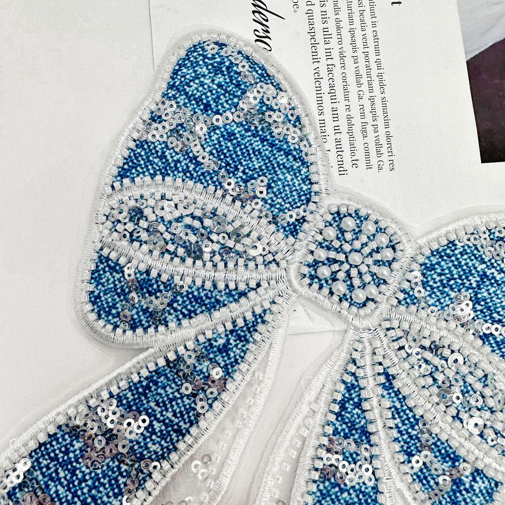 Denim Blue Heavy Industry Handmade Beads Bow Decorative Patch Sticker Bag Hair Accessories Corsage Cloth Sticker Accessories