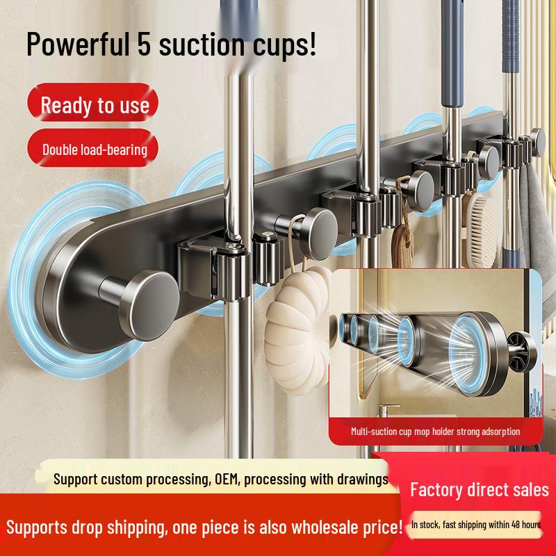Držák na mop a koště se sacími přísavkami bez vrtání pro koupelnové úložné prostory