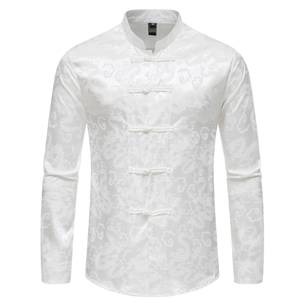 Men Chinese Style Vintage Shirt Mens Tops Tang Suit Fashion Solid Traditional Long Sleeve Stand-Up Collar White Shirt