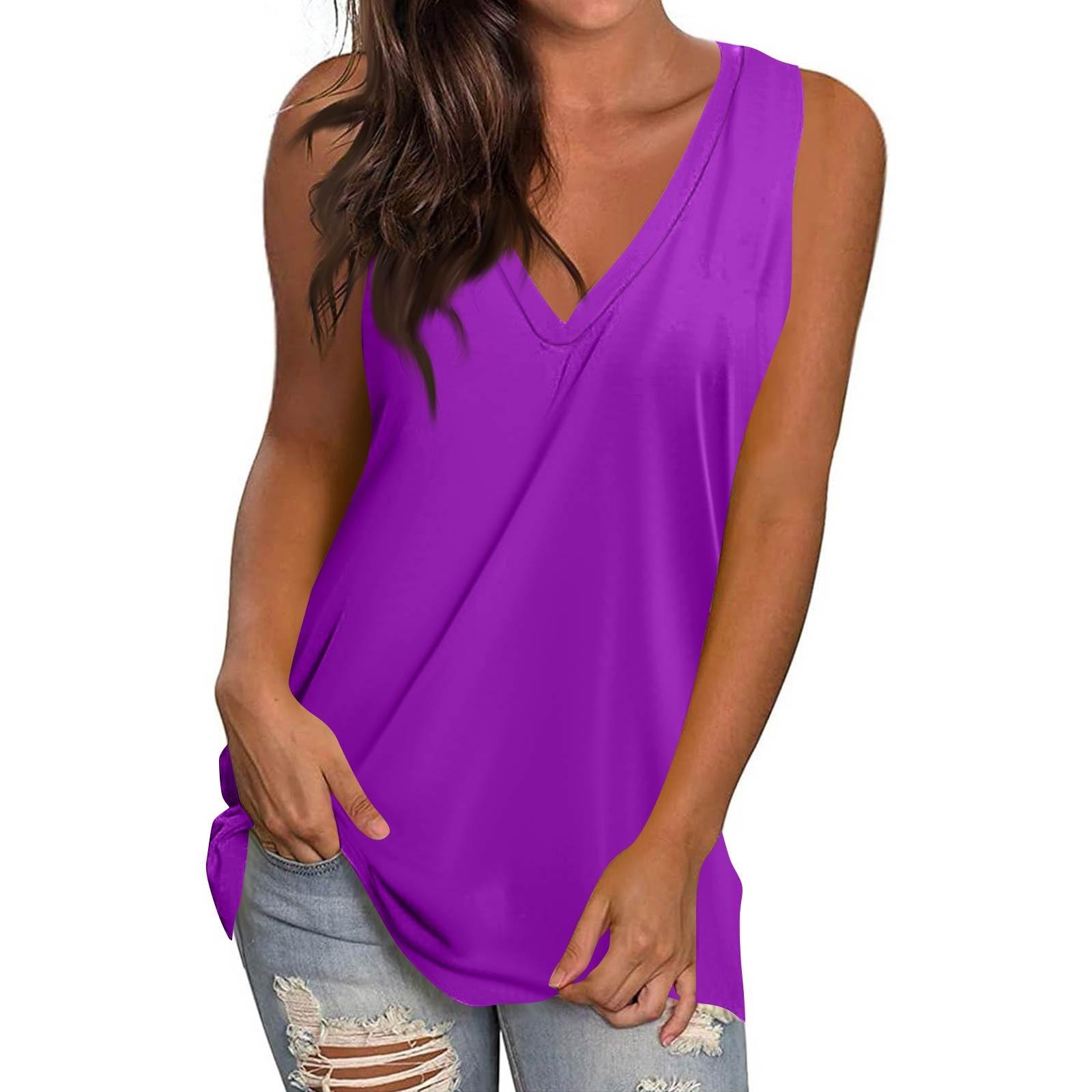 

Женская повседневная модная футболка без рукавов с V-образным вырезом и однотонным жилетом L фиолетовый