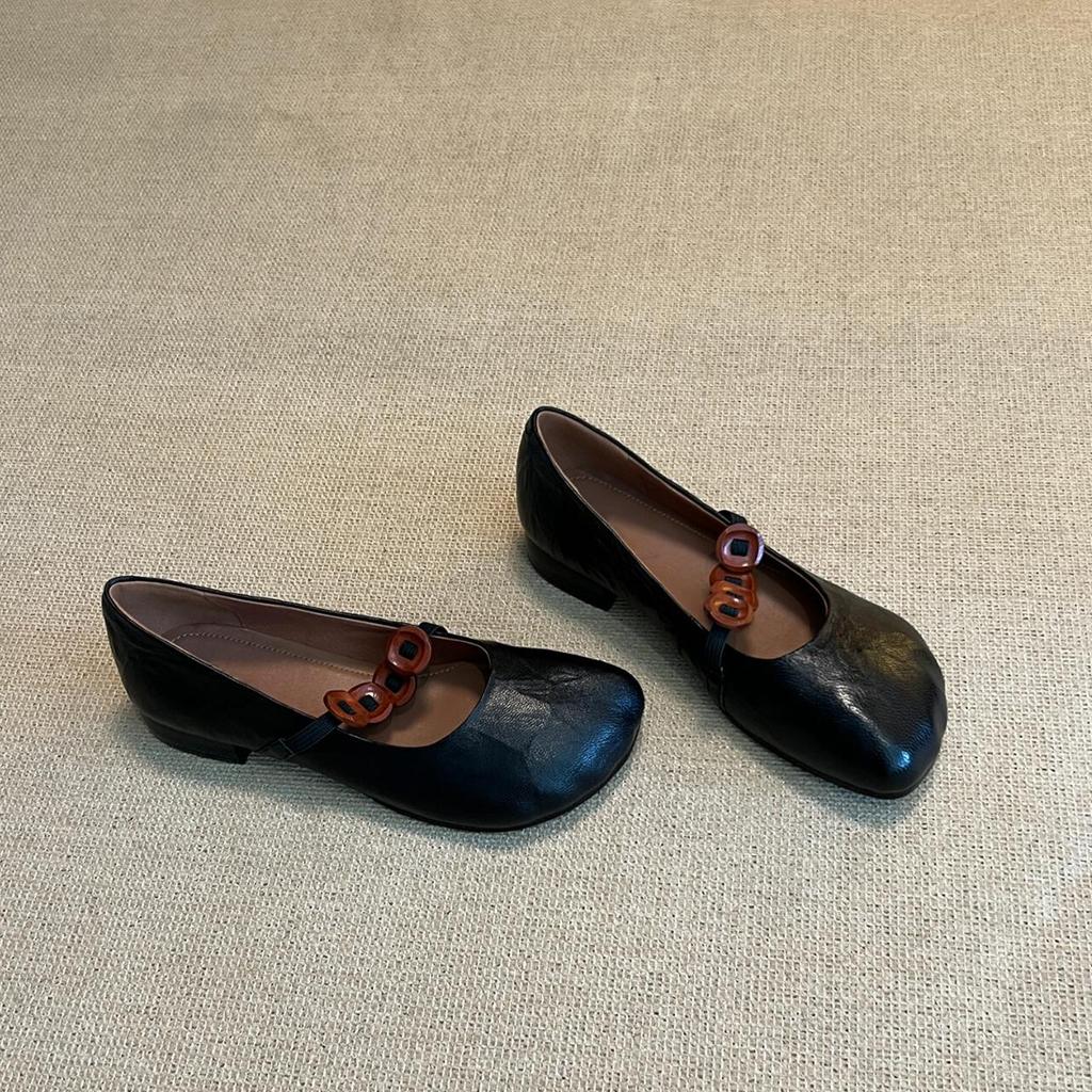 Vintage Round Head Thick Heel Single Shoes Women's Button Elastic Band Light Mouth Soft Leather Mary Jane Shoes