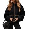 Womens Fall Winter Color Block Fleece Zip Up Warm Plush Jacket Casual Loose Fit
