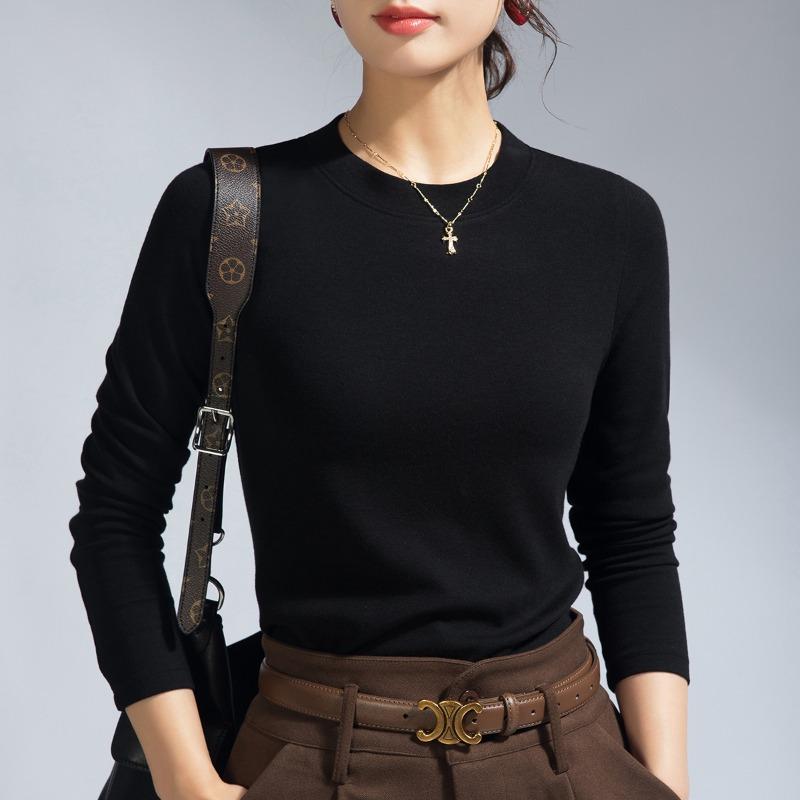 Sheep wool bottoming shirt women's summer model with new long-sleeved t-shirt crew neck slim-fit top black can be worn outside