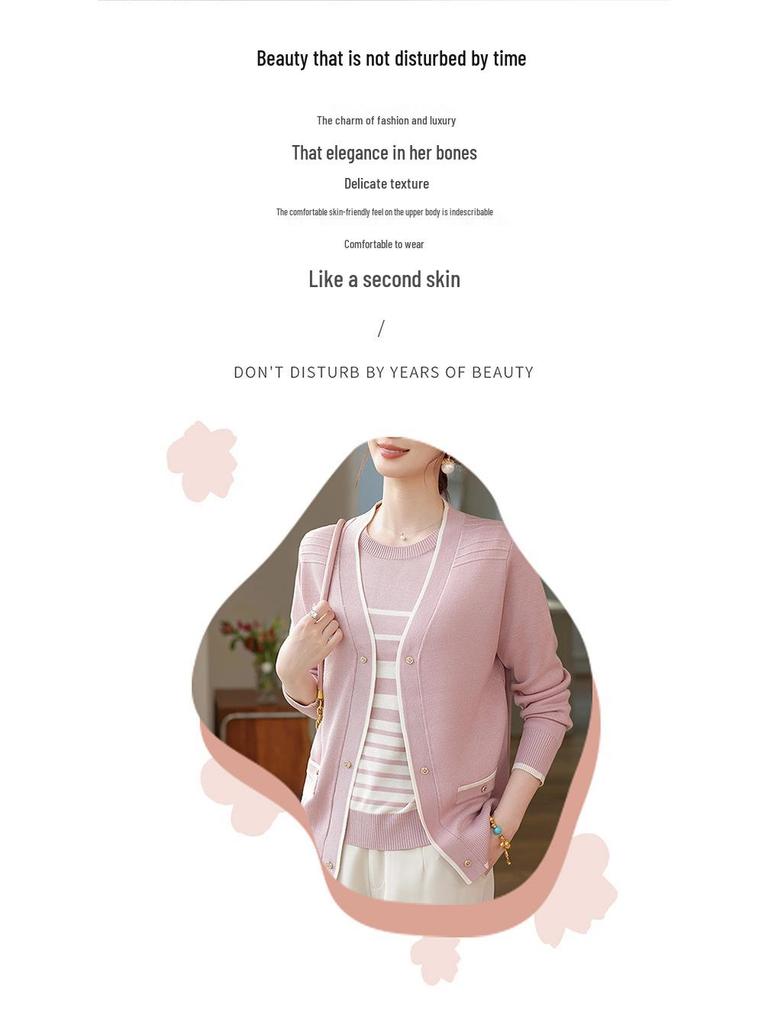 Mom's Chic Spring Knit Cardigan & Inner Layer Striped Two-Piece Set for Mid-Aged Woman