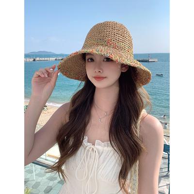 Straw Bucket Hat Summer Breathable Face Small Bucket Hat Big Brim Sunshade Sun Protection Seaside Straw Hat