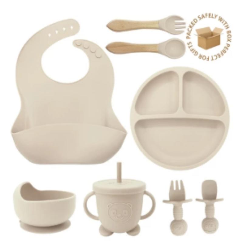 3/6/8Pcs Baby Silicone Tableware Kids Utensil Bib Straw Cup Bowl Suction Plate Feeding Essential Set