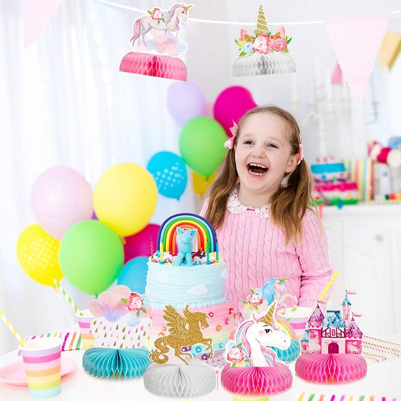 9pcs Rainbow Unicorn Honeycomb Balls Party Table Decorations Paper Fan Set Birthday Party Baby Shower Decor Desktop Supplies