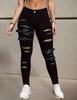 Dámské skinny džíny s vysokým pasem, zdobené roztrhaným páskem, úzký střih, strečový džínový materiál, Streetwear, Jednobarevné černé, Oprané jeggings