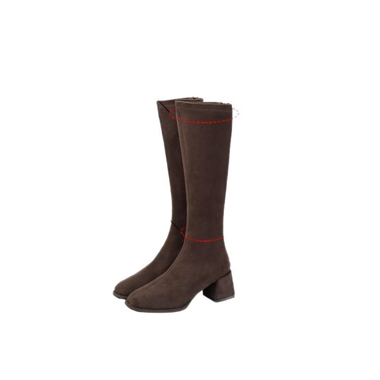 Aber Kniestiefel Damen 2025 Frühling und Herbst neue vielseitige kleine hochhackige elastische Stiefel Wildleder dickabsatzige Stiefel